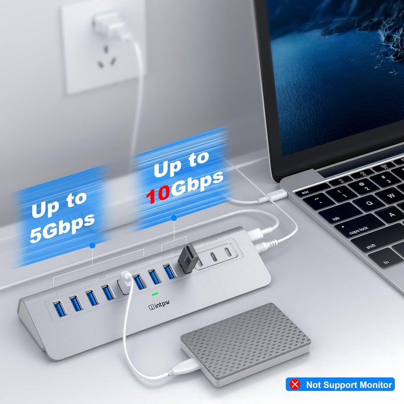 intpw YH9AC Powered USB Hub 10Gbps, 12 Port USB C Hub with 10Gbps USB C 3.2+2 USB A 3.2, 7 USB 3.0, 2 PD 45W Charging Port, 65W Power Adapter + 3.3FT Cable, Aluminum USB Hub for Laptop/iPhone 17/16/PC - Image 3